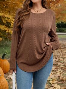 SHEIN LUNE Plus Size Casual Long Sleeve Textured Fabric T-Shirt With Curved Hem, Suitable For Autumn/Winter Holiday - Brown - View 1