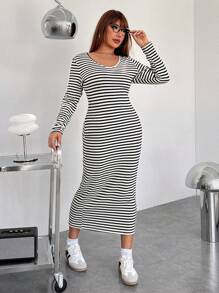 SHEIN EZwear 大码秋季休闲条纹修身 V 领长裙 - 黑與白 - 查看 5