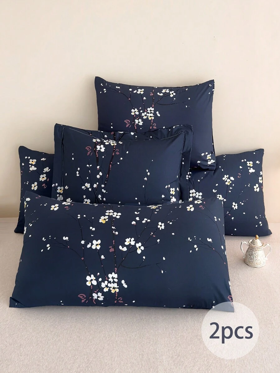 2pcs Soft Microfiber Pillow Covers - Floral Pattern, Hypoallergenic & Breathable, Available In Oversized, Long, Standard, King, Queen, Extra Large, European, Square Sizes, Suitable For All Seasons - Royal Blue - View 1