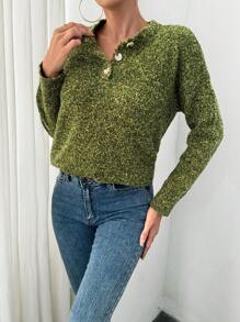 SHEIN LUNE Women Casual Drop Shoulder Round Neck Mix Knitted Sweater, Autumn/Winter Fall - Green - View 3