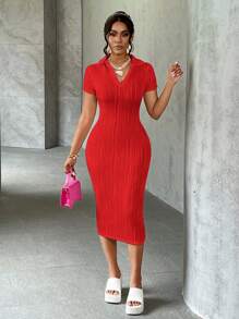 Slaydiva Summer Casual Elegant Simple Basic Model New Lapel V-Neck Short-Sleeved Slim Long Skirt White Wavy Knitted Fabric Women's Dress - Red - View 7