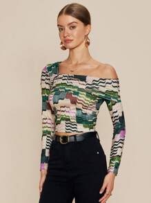 Almamuse Women Asymmetric Shoulder Wave Print Fitted Cropped T-Shirt Graphic Tees Women Tops Fall Cloth For Women - Multicolor - View 5