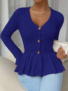 Chiquease 女士休闲纯色 V 领荷叶边下摆开衫