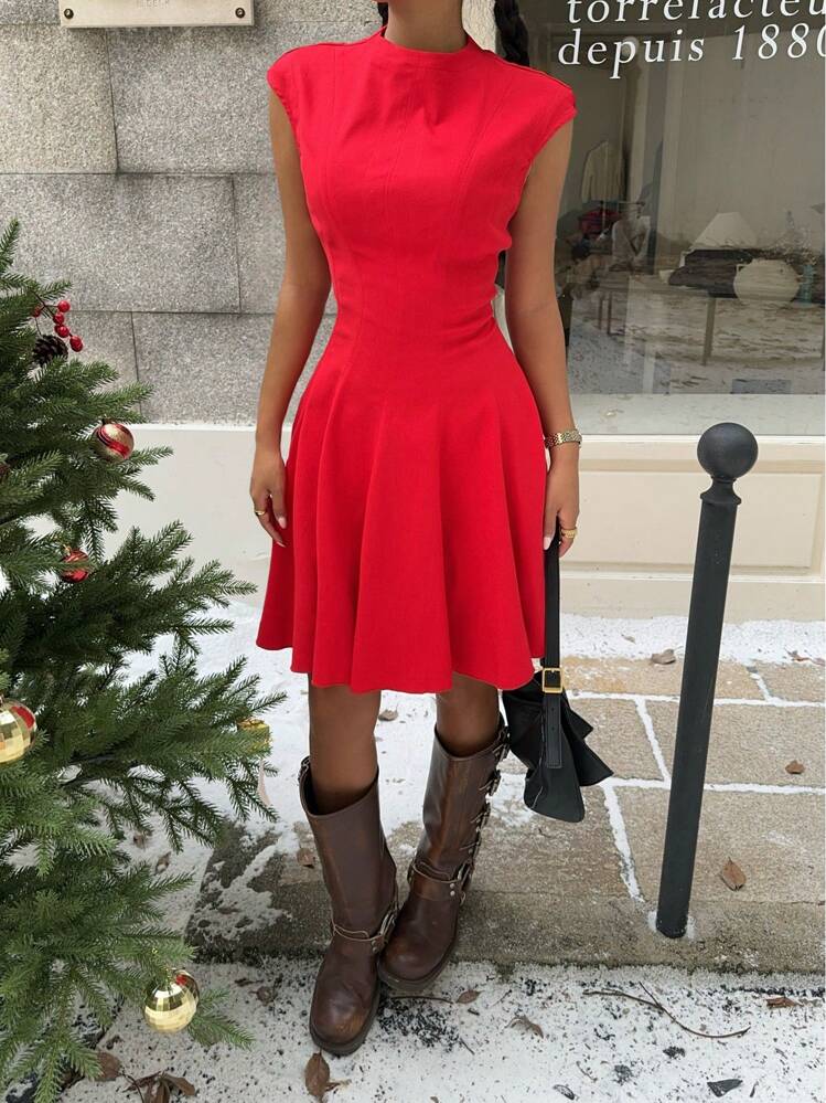 red mini dress shein Shein Mini A-Line Puffy Deep V-Neck Sexy Elegant Waist Backless Ruched  Cocktail Dress