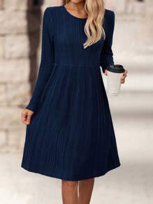 EMERY ROSE Women Solid Color Round Neck Long Sleeve Pleated Minimalist Casual Short Dress - Blue - View 3
