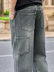 Manfinity Homme Calça jeans masculina reta casual larga com bolsos, moda streetwear da moda - Cinza - Ver 5