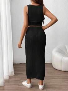 SHEIN 2 Pieces Set: Pregnant Women Plain Ribbed Crew Neck Sleeveless Top And Skirt - Black - View 2