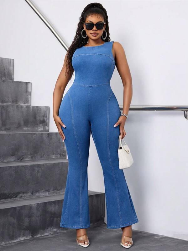 SHEIN SXY Plus Size Solid Color Bodycon Backless Sexy Sleeveless Denim Jumpsuit