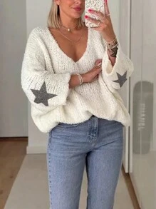 INAWLY 新款复古星形图案宽松针织女式手臂毛衣，休闲时尚