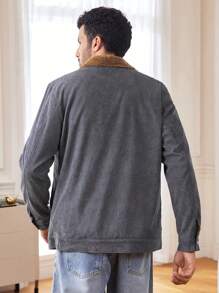 Manfinity Homme Men's Contrast Color Thermal Lined Casual Hooded Jacket, Autumn/Winter Work Long Sleeve Lightweight Color Block Jacket, For Friends, Husband, Boyfriend Gifts , Corduroy - Dark Grey - View 2