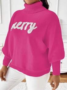 SHEIN Unity Plus Size Women's Casual Everyday Letter Pattern High Collar Lantern Sleeve Pullover Sweater, Autumn/Winter Knit Pullover Fall - Hot Pink - View 3