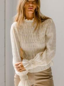 Aralina Boho Chic Shirred Textured Long Sleeve Dobby Blouse Winter Vacation Holiday Church Outfit