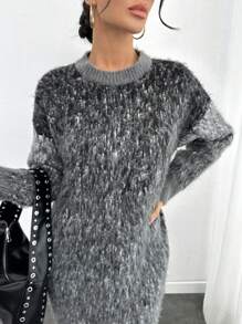 RueChic 毛绒花卉印花长袖宽松针织毛衣连衣裙