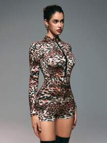 Zolique Combinaison moulante à manches longues avec imprimé léopard. Tenue sexy pour Nouvel An, club, fête. Idéal pour les femmes. - Multicolore - Voir 4