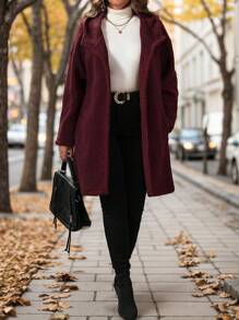 SHEIN LUNE Plus Size Women Solid Color Raglan Long Sleeve Hooded Coat, Autumn/Winter - Burgundy - View 6