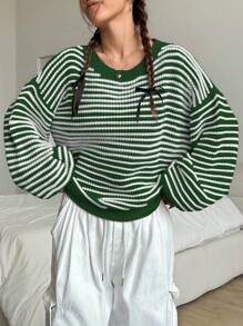 Flirla Striped Print Crew Neck Casual Versatile Long Sleeve Sweater Knit Pullover Fall Winter - Green - View 3