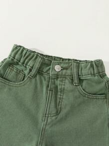 SHEIN Y2K Vintage Inspired Elastic Waist Loose Straight Leg 5-Pocket Jeans, Casual College Style For Young Girls, All-Season Fashion Essential - Green - View 3