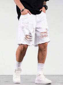 Manfinity EMRG Quần short denim ống rộng màu trơn có túi đơn giản, đa năng, đi chơi, quần short denim trắng rộng thùng thình, dành tặng chồng, bạn trai - trắng - Xem 8