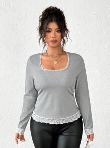 Calvaya Áo thun tay dài cổ vuông ren cỡ lớn cho nữ, mùa thu - Màu Xám nhạt - Xem 4