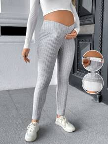 SHEIN Quần legging cạp chun màu trơn cho bà bầu có thể điều chỉnh - Xám - Xem 1