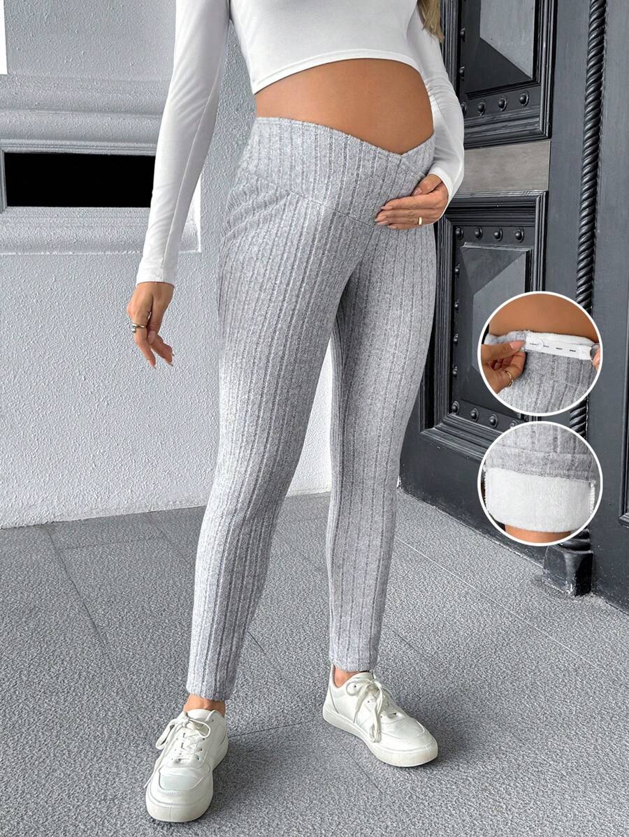 SHEIN Quần legging cạp chun màu trơn cho bà bầu có thể điều chỉnh - Xám - Xem 1