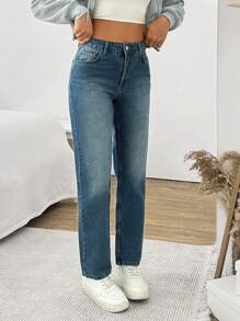 SHEIN Cottnline WOMEN STRAIGHT MID WAIST JEANS - Medium Wash - View 5
