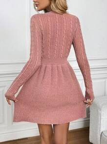 SHEIN LUNE 圆领粗针织 A 字中长连衣裙，休闲通勤优雅街头服饰，女士温暖冬季毛衣连衣裙 - 藕粉色 - 查看 2