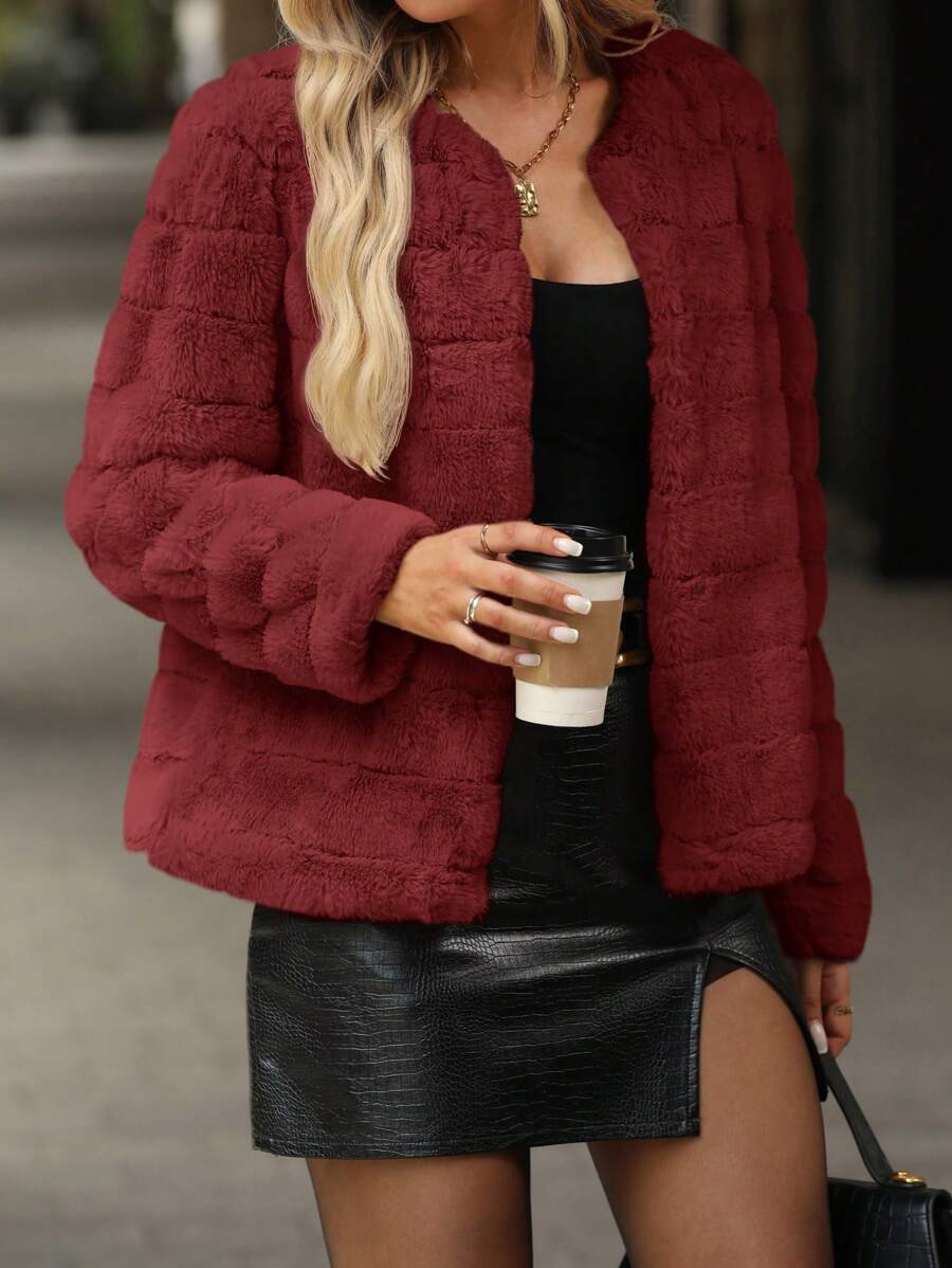 SHEIN Clasi Women's Elegant Fluffy Collar Solid Color Jacket, Autumn/Winter - Red - View 1