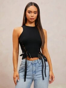 SHEIN SXY 女士纯色系带修身圆领无袖毛衣，优雅 - 黑色 - 查看 5