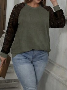 SHEIN LUNE Plus Size Women's Lace Patchwork Round Neck Raglan Sleeve Long Sleeve Sweatshirt, Autumn Graduation,Back To School,Teacher Pullover Fall - Green - View 4