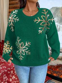 Calvaya Plus Size Women's Casual Sequined Snowflake Pattern Round Neck Pullover Sweater, Stylish & Slimming, Suitable For Autumn/Winter/Christmas Knit Pullover Fall - Green - View 3