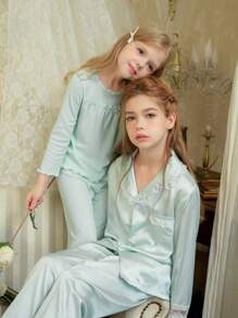 Bộ 2 món/bộ cho bé gái tuổi teen thanh lịch vải họa tiết hoa áo tay raglan và quần dài, đồ mặc ở nhà - Màu xanh Bạc hà - Xem 3