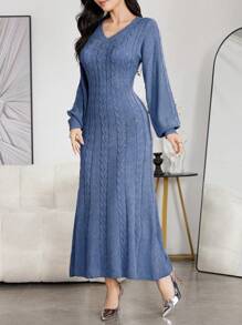 Modelyn Women's Casual Solid Color V-Neck Twist Rope Sweater Dress, Autumn/Winter - Dusty Blue - View 3