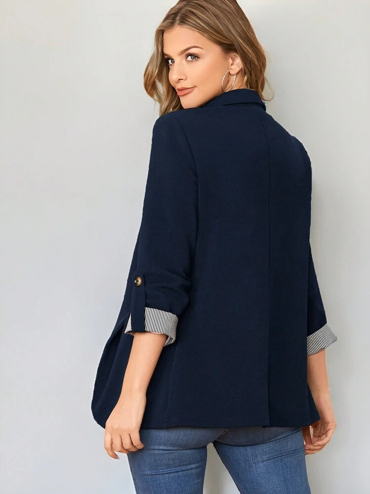 SHEIN LUNE 秋冬 カジュアル ノッチドカラー ロールタブスリーブ ブレザー - ネイビーブルー - 見る 2