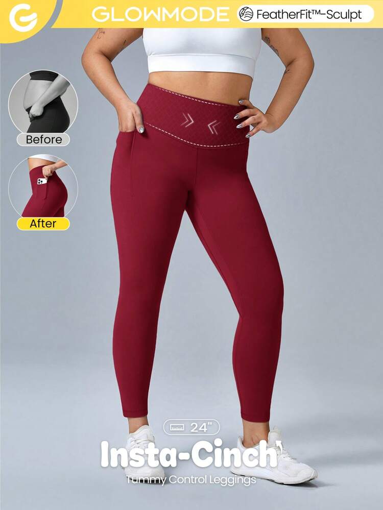 FeatherFit™-Sculpt Snatch It Tummy Control Pocket Soft Silicone Waistband Leggings Medium Impact Jogging Gym Cycling