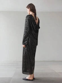 Ontre 适合派对/晚会的黑色亮片露背垂褶领长袖紧身连衣裙 - 黑色 - 查看 3