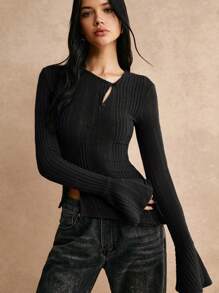 Poéselle Women's Black Autumn Basic Chic Night Out Casual Asymmetric Neck Ribbed Long Sleeve Slim Fit T Shirt,Soft Ribbed Knit Top,Skinny Stretch Essential - Black - View 1