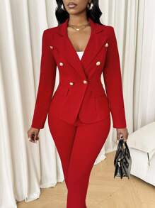 SHEIN Lady Red Two-Piece Suit With Waist-Cinching Metal Buckle Design Suit Fall Two Piece Sets Outfit Sets Red Set Women Fall Sets - Black - View 1