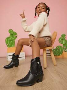 Mini mi Bestseller Kids' Black Cowboy Booties With Studded Trim And Grommet Details-Comfortable, And Versatile