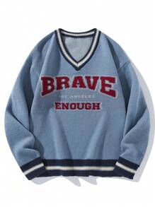 Aesthetic Post 男士宽松字母条纹 V 领长袖休闲毛衣，秋冬 - 藍色 - 查看 1