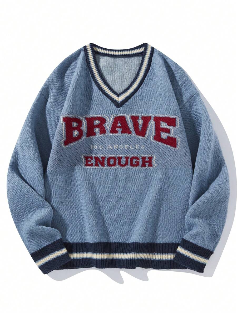 Aesthetic Post 男士宽松字母条纹 V 领长袖休闲毛衣，秋冬 - 藍色 - 查看 1