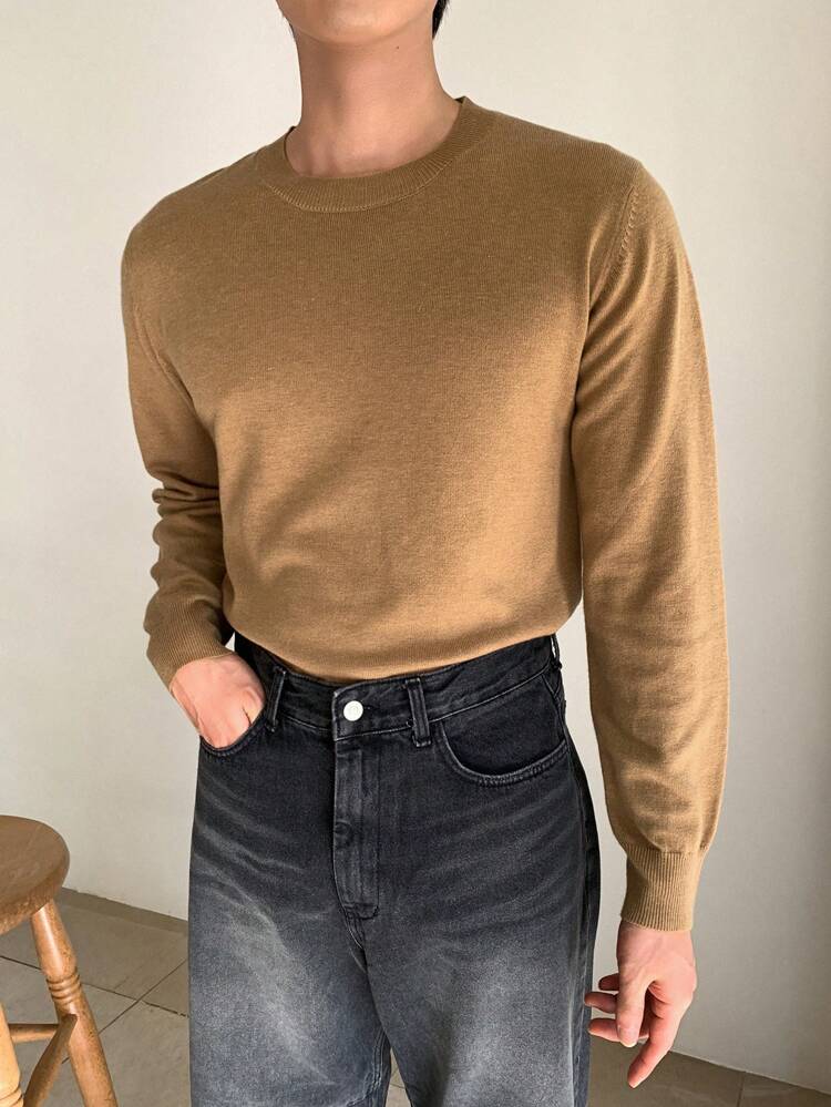 Men's Solid Color Crew Neck Loose Fit Casual Knit Sweater, Autumn/Winter