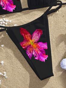Swim Vcay Conjunto de bikini de 2 piezas para mujer con copas triangulares halter, anillo redondo asimétrico y unicolor, traje de baño de verano - Negro - Ver 4