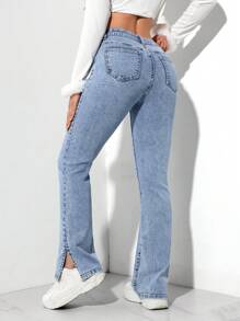 SHEIN PETITE 女士休闲喇叭口袋牛仔裤 - 藍色 - 查看 2