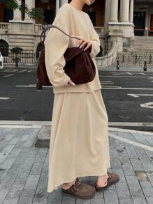 INAWLY Bộ 2 món cỡ lớn: Áo và chân váy màu trơn, trang phục thường ngày cho mùa thu và đông - Màu Mù tạt vàng - Xem 5