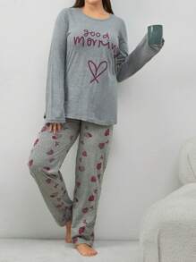 EURMUSE 100% Cotton 2Pcs Contrast Colour Heart Printed PJ Set - Grey - View 6
