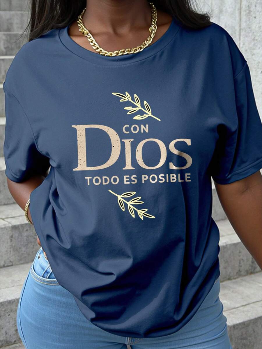 INAWLY 树叶图案印花圆领短袖休闲女式 T 恤图案 T 恤女式上衣 - 藏蓝色 - 查看 1