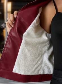 Solivie PU Leather Solid Color Slim Fit Zip-Up Long Sleeve Jacket With Thermal Lined In Fall/Winter - Burgundy - View 7