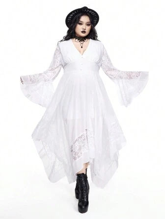 Goth Plus Size Gothic Style Deep V-Neck Bell Sleeve Asymmetrical Hem Contrast Lace Cinched Waist Dress