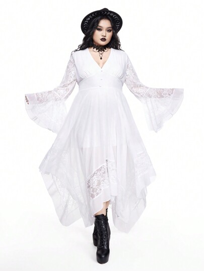 Plus Size Gothic Style Deep V-Neck Bell Sleeve Asymmetrical Hem Contrast Lace Cinched Waist Dress